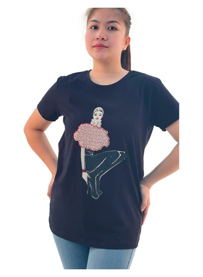 JOANNA JOANNA W203008 Women's Lady Wearing High Heels Design Round Neck Short Sleeve T-Shirt - Black  - Image 1