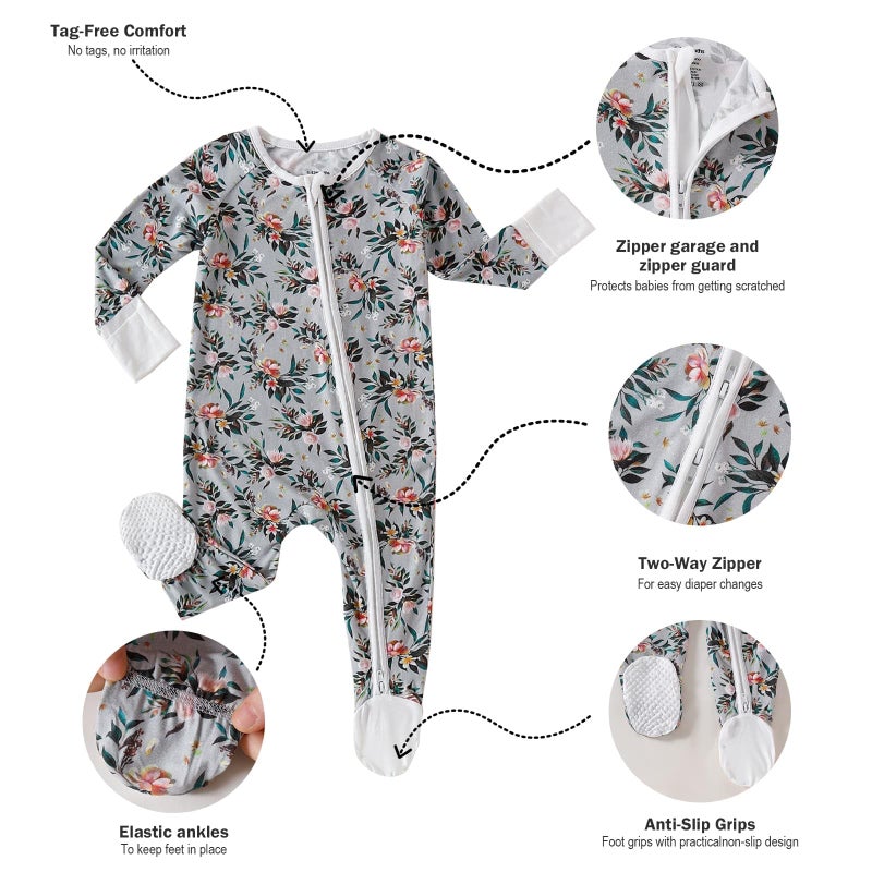 OPAWO Baby Girl Pajamas 3 Pack, Dubble Zipper Newborn Footie Pajamas with Mitten Cuffs, Infant Sleepers for Baby Boy Onsies(Flowers/Pink,3-6 Months) - Image 5