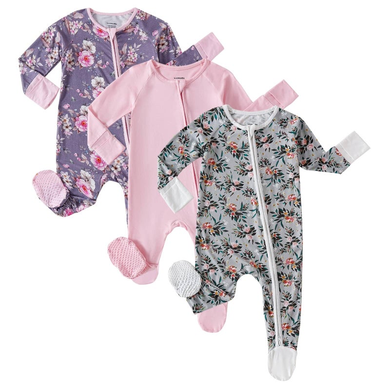 OPAWO Baby Girl Pajamas 3 Pack, Dubble Zipper Newborn Footie Pajamas with Mitten Cuffs, Infant Sleepers for Baby Boy Onsies(Flowers/Pink,3-6 Months) - Image 1