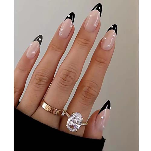 RikView French Tip Press on Nails Medium Acrylic Nails with Pearls Black Press on Nails Almond Fake Nails - Image 1