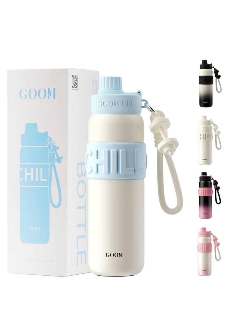Goom - GOOM 24 oz Insulated Water Bottle, 18/10 Stainless Steel Waterbottle with Straw and Straw Cap, Leak Proof Water Bottles for Men, Women, Gifts for Mom, White, Blue - Image 1