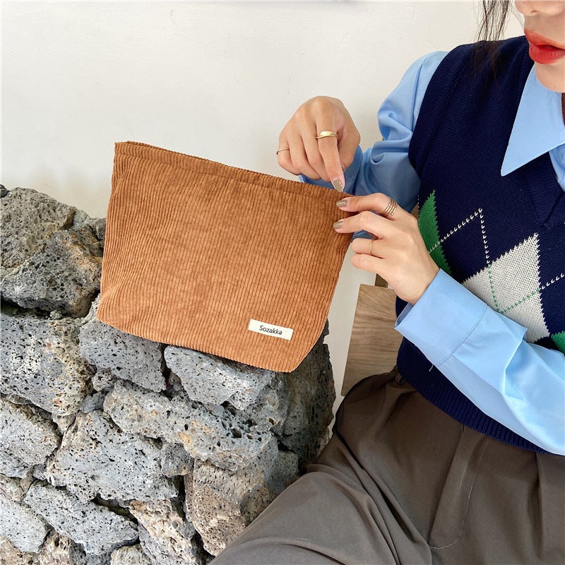 Large Capacity Corduroy Cosmetic Clutch Bag Brown