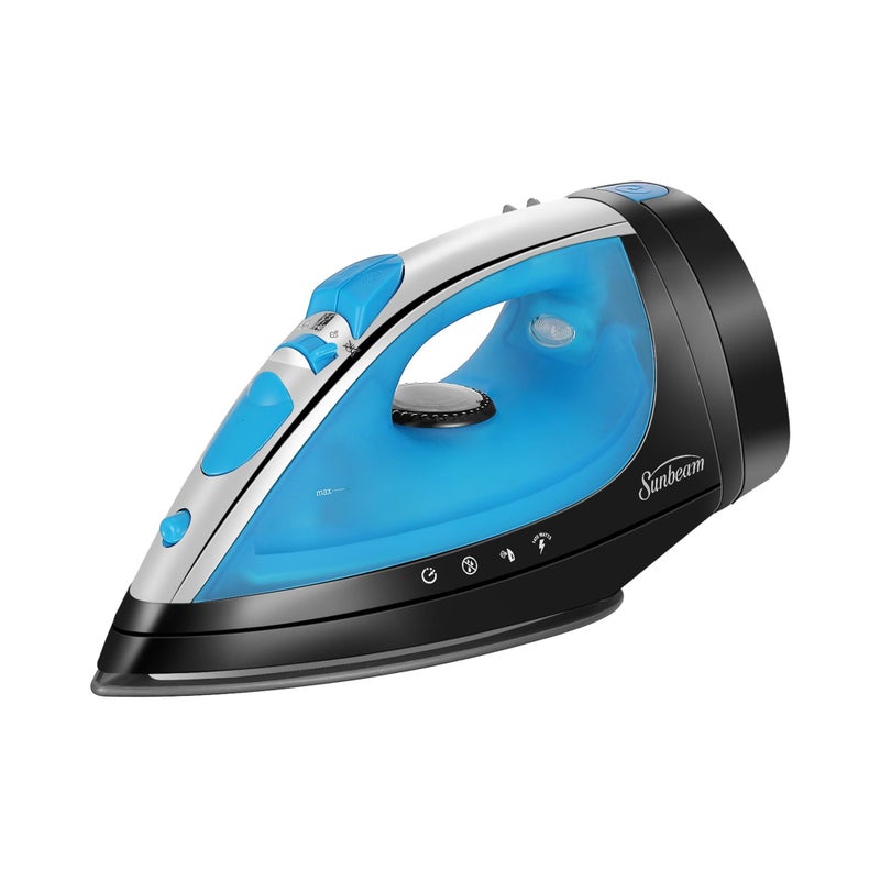 Sunbeam Steammaster Steam Iron, 1400 Watt, Large Anti-Drip Stainless Steel Nonstick Soleplate with 8' Retractable Cord, Horizontal or Vertical Shot of Steam and 3-Way Auto Shut-Off, Black/Blue - Image 1