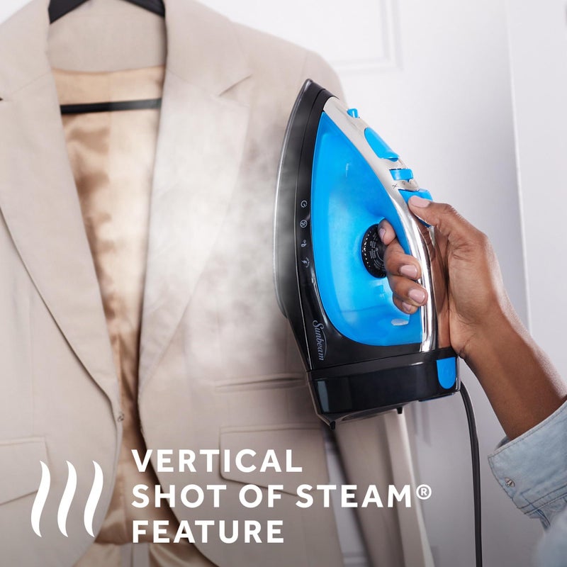 Sunbeam Steammaster Steam Iron, 1400 Watt, Large Anti-Drip Stainless Steel Nonstick Soleplate with 8' Retractable Cord, Horizontal or Vertical Shot of Steam and 3-Way Auto Shut-Off, Black/Blue - Image 3