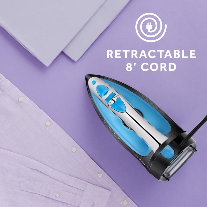 Sunbeam Steammaster Steam Iron, 1400 Watt, Large Anti-Drip Stainless Steel Nonstick Soleplate with 8' Retractable Cord, Horizontal or Vertical Shot of Steam and 3-Way Auto Shut-Off, Black/Blue - Image 5