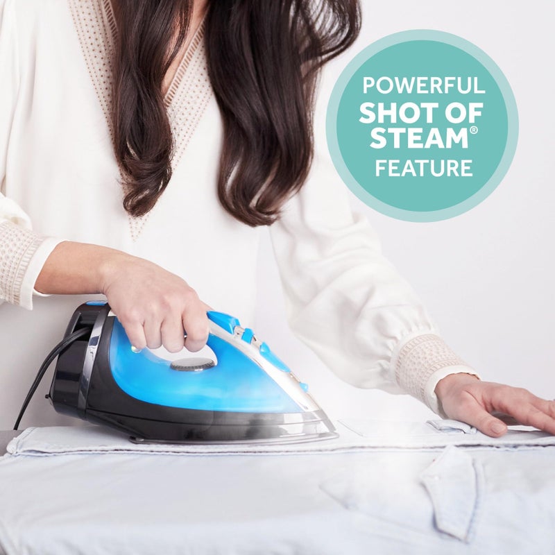 Sunbeam Steammaster Steam Iron, 1400 Watt, Large Anti-Drip Stainless Steel Nonstick Soleplate with 8' Retractable Cord, Horizontal or Vertical Shot of Steam and 3-Way Auto Shut-Off, Black/Blue - Image 2