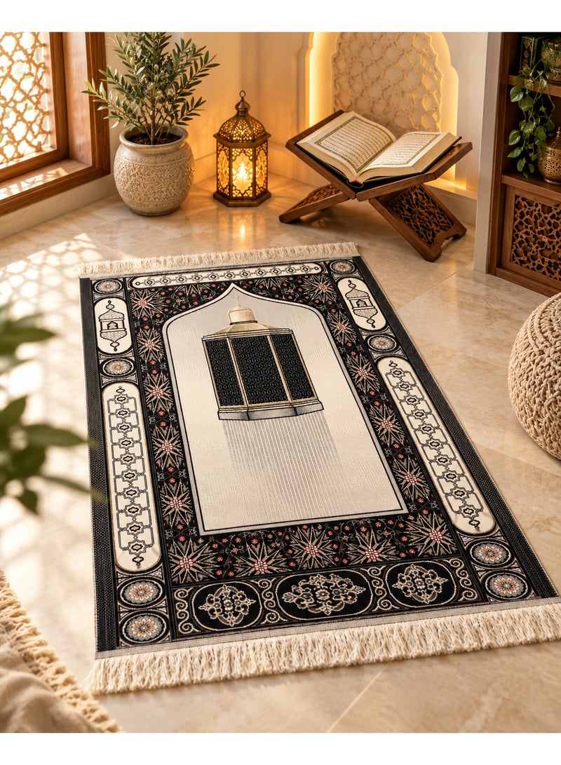 Prayer Mat 78 x 120 cm, Soft Salah Rug with Kaaba Design, Tassel Fringe & Woven Backing, Foldable Islamic Prayer Carpet for Home, Mosque & Travel – Black Cream - Image 3