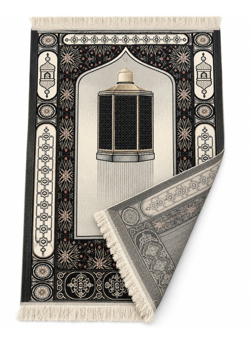 Prayer Mat 78 x 120 cm, Soft Salah Rug with Kaaba Design, Tassel Fringe & Woven Backing, Foldable Islamic Prayer Carpet for Home, Mosque & Travel – Black Cream - Image 2