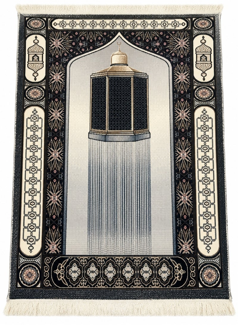Prayer Mat 78 x 120 cm, Soft Salah Rug with Kaaba Design, Tassel Fringe & Woven Backing, Foldable Islamic Prayer Carpet for Home, Mosque & Travel – Black Cream - Image 1