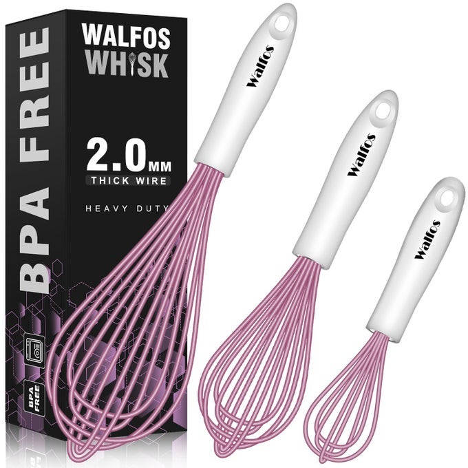 WHISK SILICONE WHISKS FOR COOKING BAKING NON SCRATCH RUBBER COATED PINK WHISK FOR NONSTICK WISK PERFECT FOR FROTHING BLENDING BEATING AND WHISKING 3PACK PINK