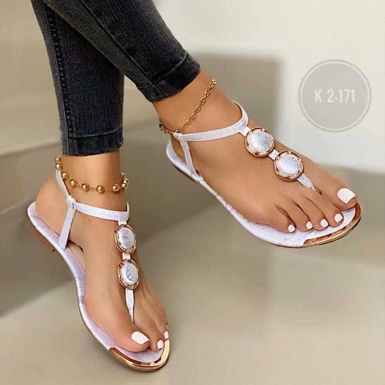 Beaded Sandals 2022 Summer Casual Flat Womens Shoes White  - Image 2