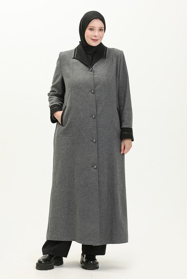 Sefa Merve Plus Size Buttoned Cashmere Coat 0329-02 Gray  - Image 3