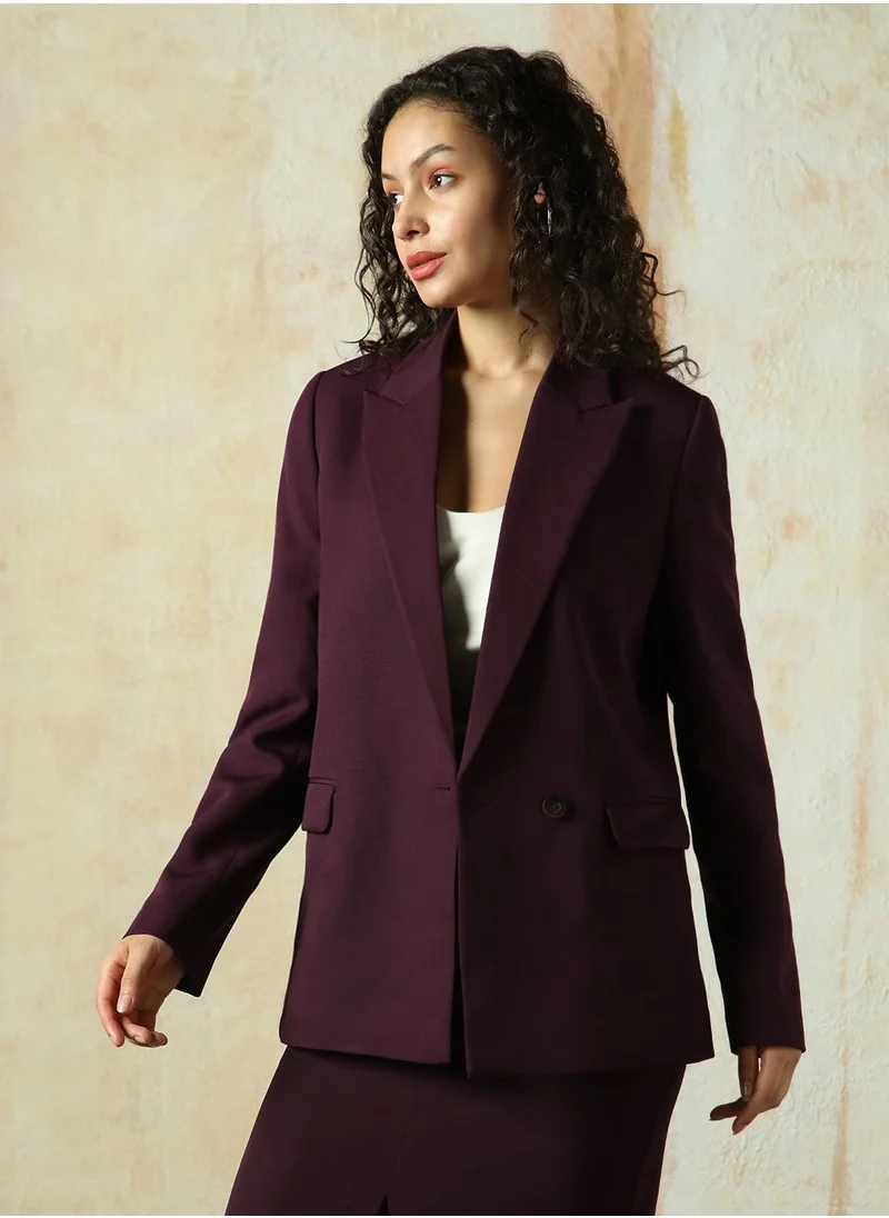 HIGH STAR Women's Wine Cotton Blend Solid Oversized Blazer