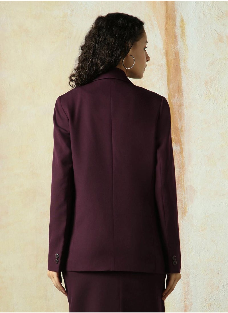 HIGH STAR Women's Wine Cotton Blend Solid Oversized Blazer  - Image 4