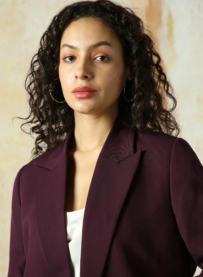 HIGH STAR Women's Wine Cotton Blend Solid Oversized Blazer