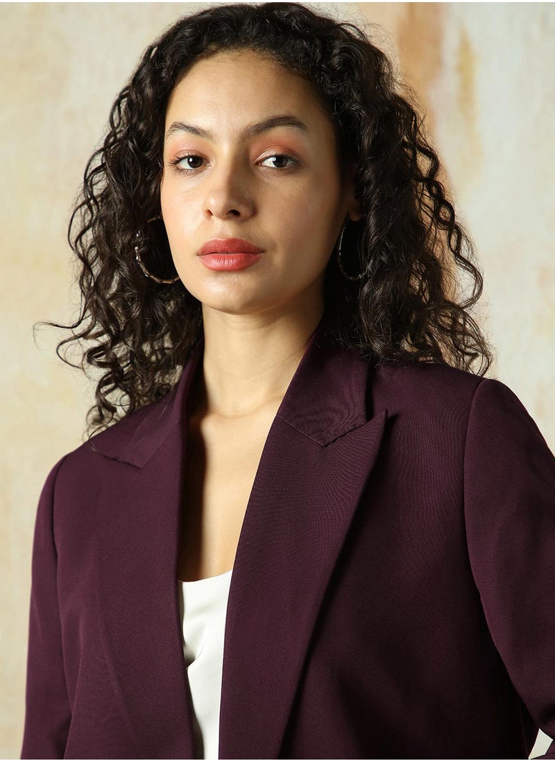 HIGH STAR Women's Wine Cotton Blend Solid Oversized Blazer  - Image 5