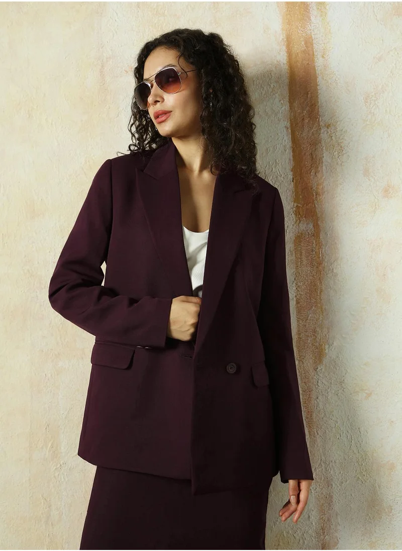 HIGH STAR Women's Wine Cotton Blend Solid Oversized Blazer