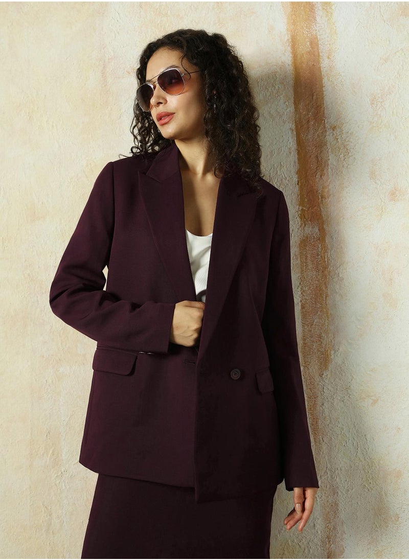 HIGH STAR Women's Wine Cotton Blend Solid Oversized Blazer  - Image 1