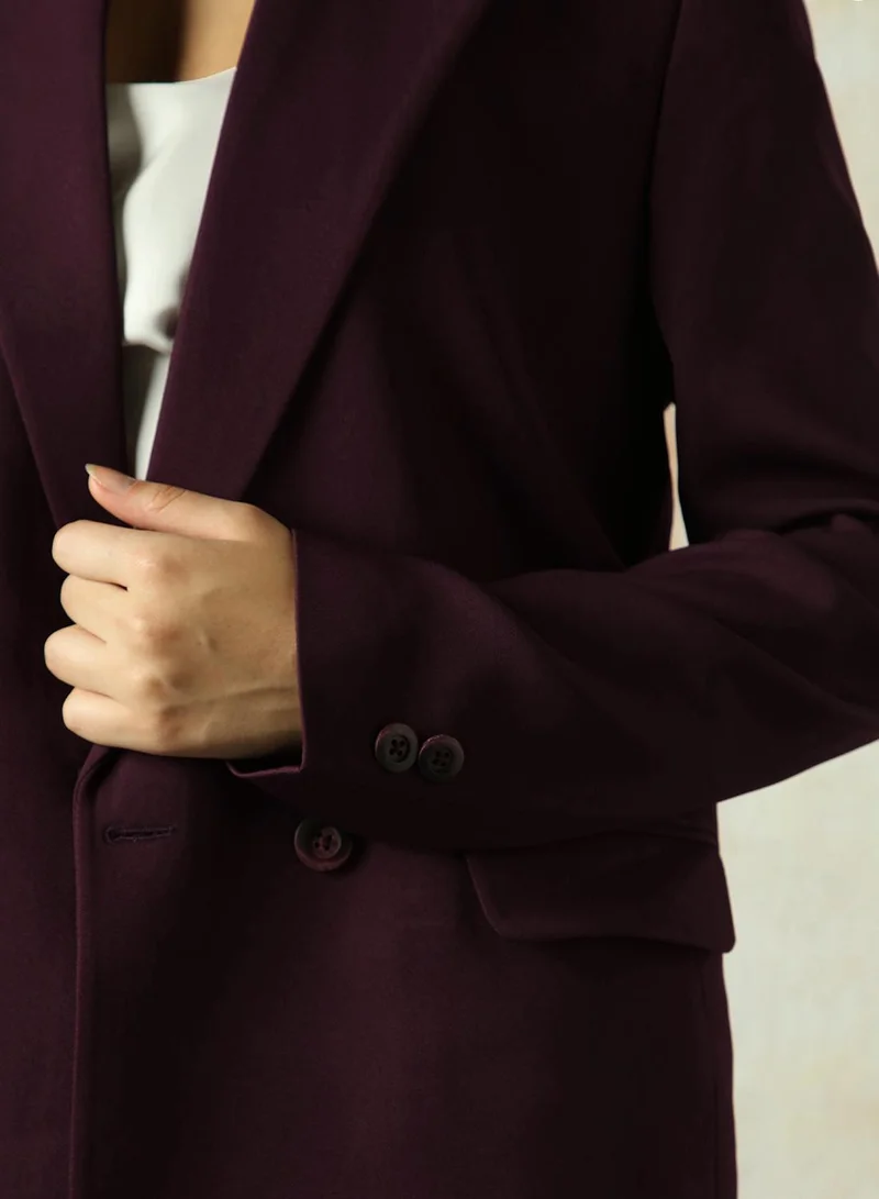 HIGH STAR Women's Wine Cotton Blend Solid Oversized Blazer