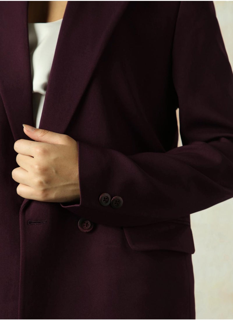 HIGH STAR Women's Wine Cotton Blend Solid Oversized Blazer  - Image 3