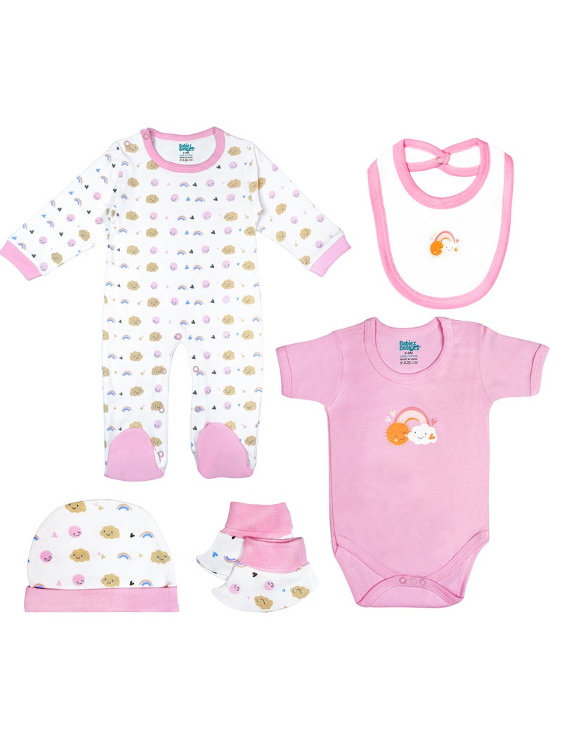 Babies Basic 5 piece Unisex 100% Cotton Sets include Bib, Romper, Mittens, Cap and Sleepsuit/Jumpsuit - Image 1