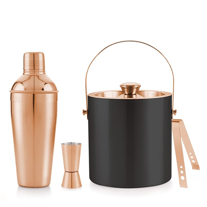finality Stainless Steel Copper with Black Ice Bucket with Lid 175 Liter Ice Tong Peg Measure 750 Ml Deluxe Cocktail Shaker 4 Pc Bar Set - Image 1