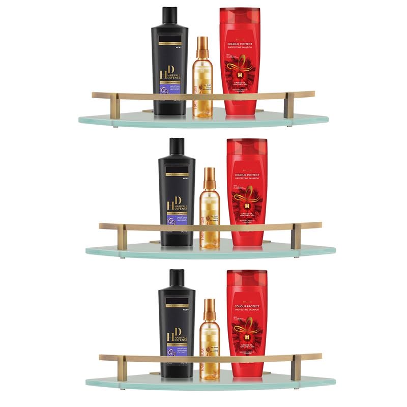 MOTIQO Frosted Glass Corner Bathroom Shelf for Wall Wall Mount Rack for Kitchen Shelves for Kitchen Corner Rack Bathroom Organiser and Accessories Brass Antiq Finish 9X9 InchSet3 - Image 1