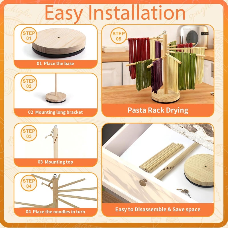 DthwagfL Rotary Pasta Drying Rack,Detachable Wood Pasta Rack with Pasta Molds & Stamps Ravioli with Pasta Cutter Wheel (4 pcs),Spaghetti Pasta Dryer Rack Collapsible Noodle Drying Rack Hanger Stand - Image 5