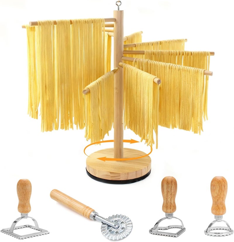 DthwagfL Rotary Pasta Drying Rack,Detachable Wood Pasta Rack with Pasta Molds & Stamps Ravioli with Pasta Cutter Wheel (4 pcs),Spaghetti Pasta Dryer Rack Collapsible Noodle Drying Rack Hanger Stand - Image 1