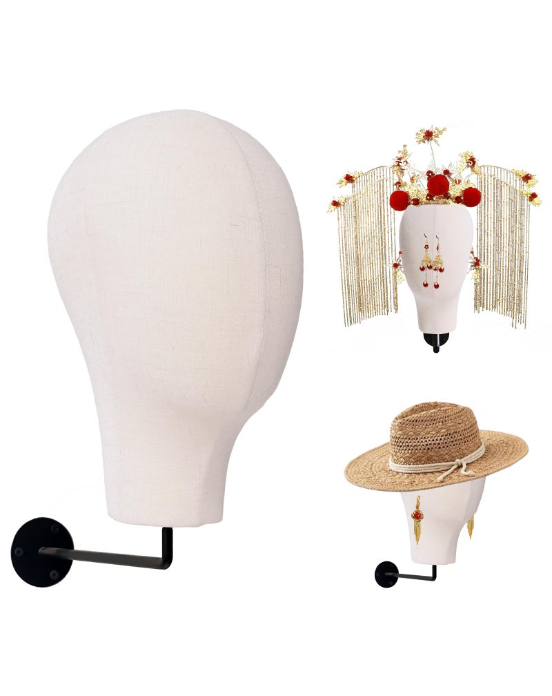 CHADWICK Wall Mounted Wig Head Stand 21 inch Hat Display Stand Head Mannequin Canvas Block Pinnable for Hats Jewelry Earrings Wigs Diaplay Manikin Holder Salon Stylist and DIY Users Beige