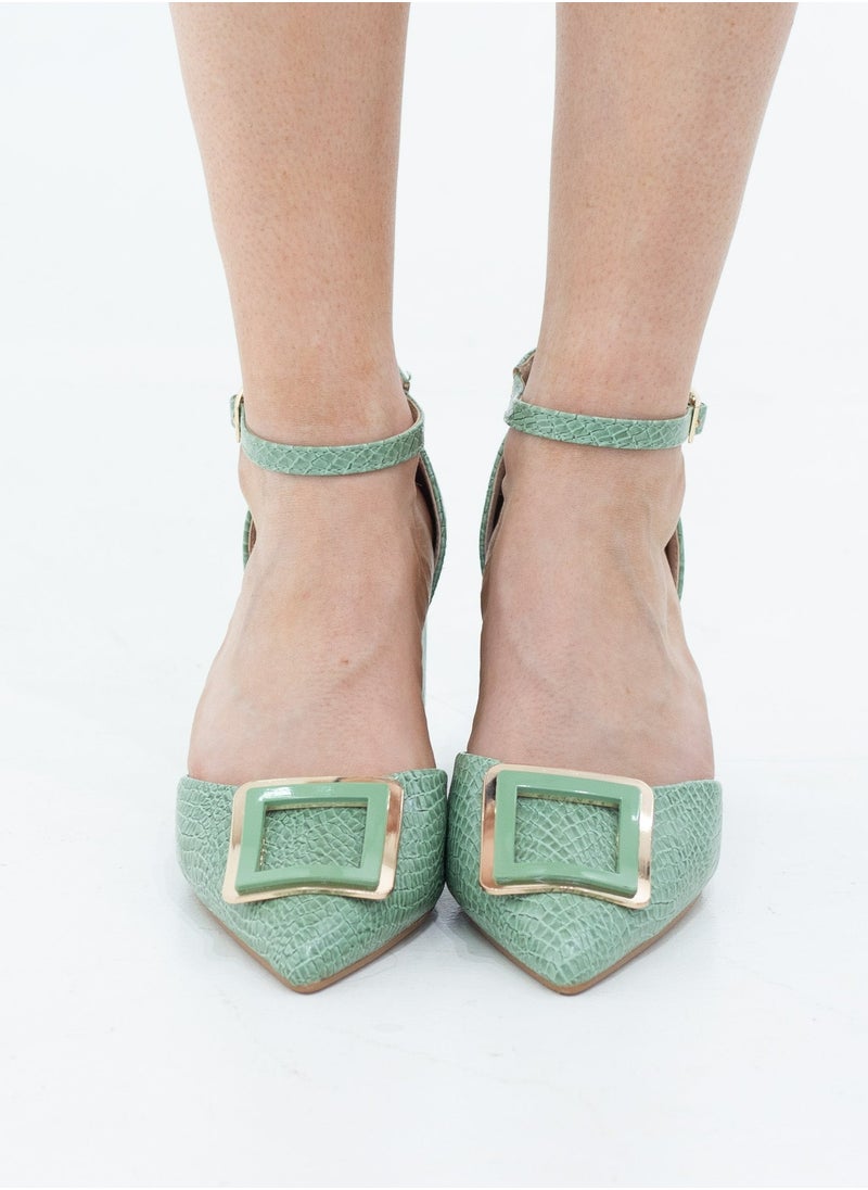 LAMARAPARIS Chakrika snake skin open waist pointy with sqr trim on 8cm heel avo  - Image 4