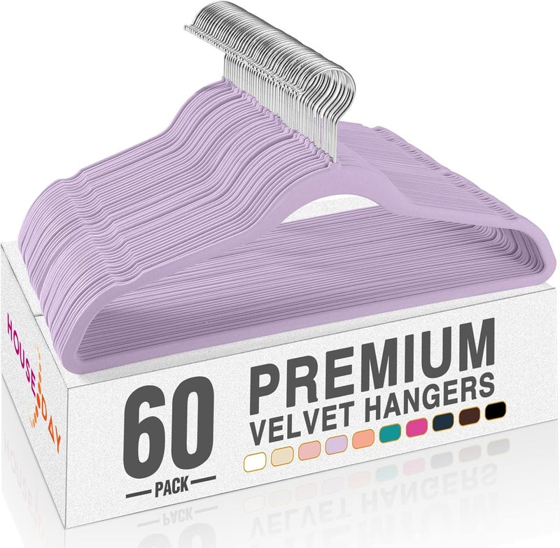 HOUSE DAY Purple Velvet Hangers 60 Pack, Premium Non-Slip Felt Clothes Hangers, Sturdy Heavy Duty Coat Hangers, Durable Suit Hangers, Space Saving No Marks 360° Rotating - Image 1