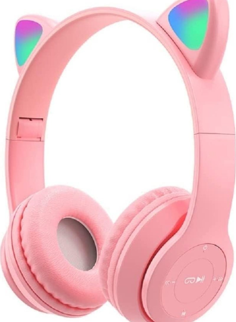 P47M Wireless Stereo Gaming Headset with Cat Ear Light for Kids and Adults - Pink - Image 1