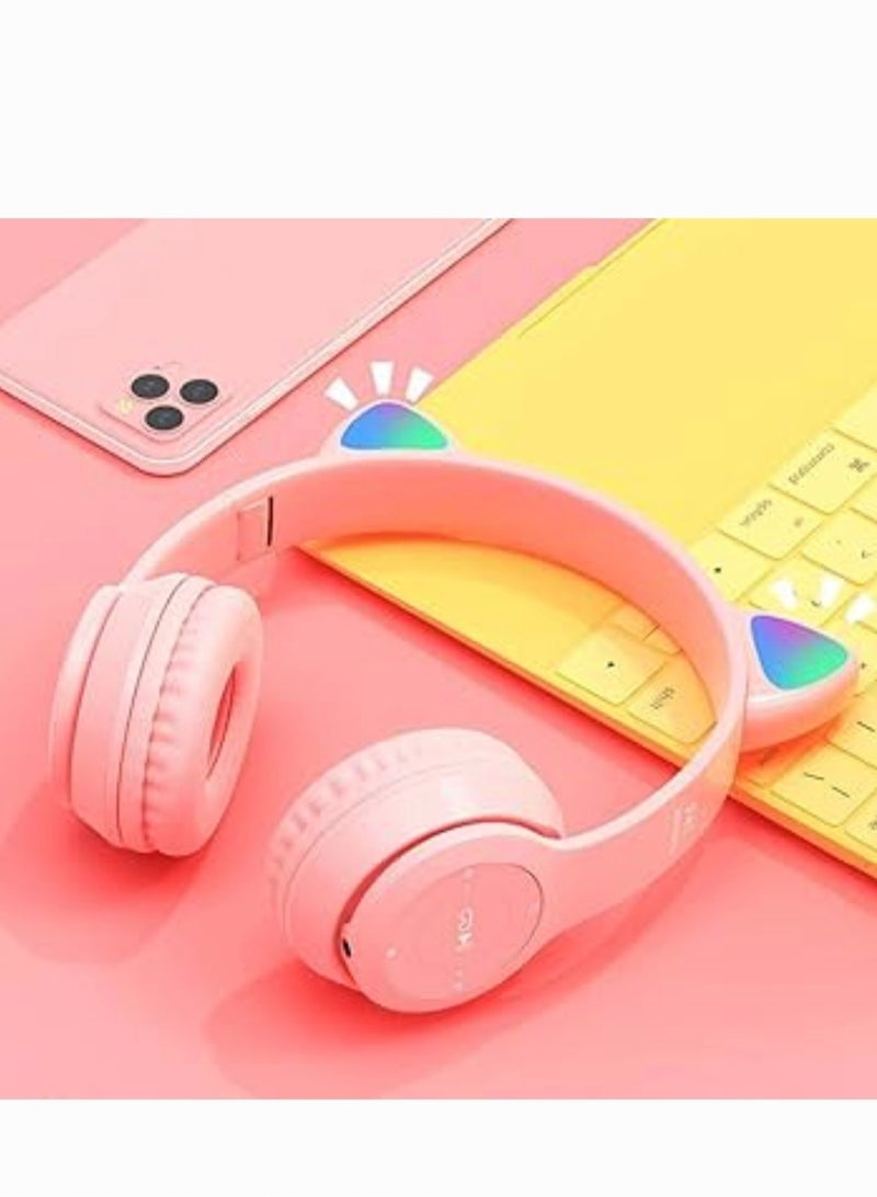 P47M Wireless Stereo Gaming Headset with Cat Ear Light for Kids and Adults - Pink - Image 2