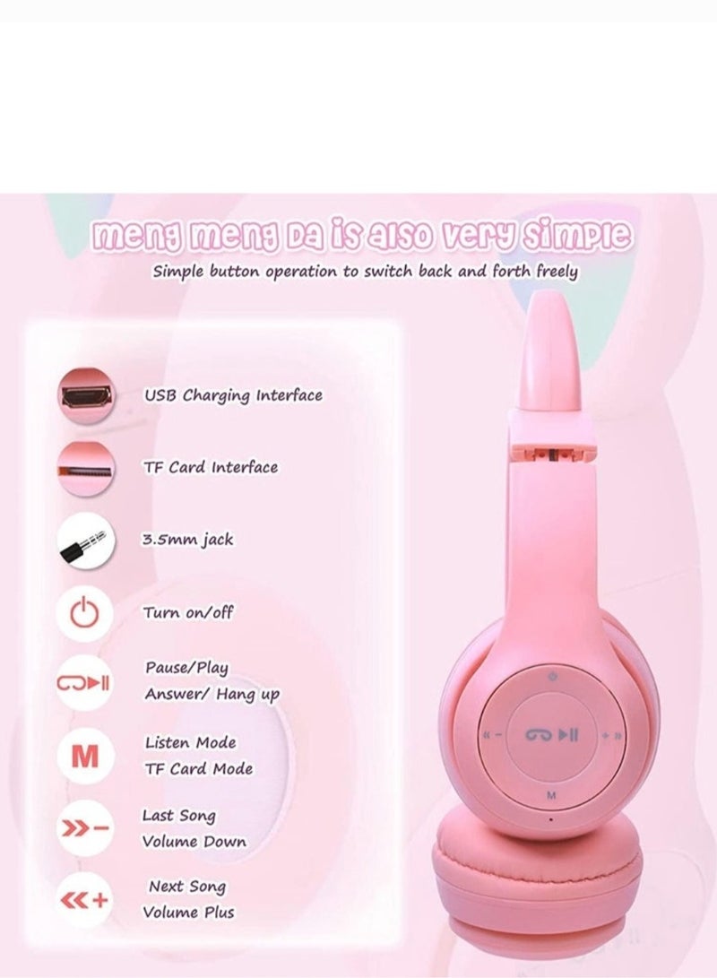 P47M Wireless Stereo Gaming Headset with Cat Ear Light for Kids and Adults - Pink - Image 5
