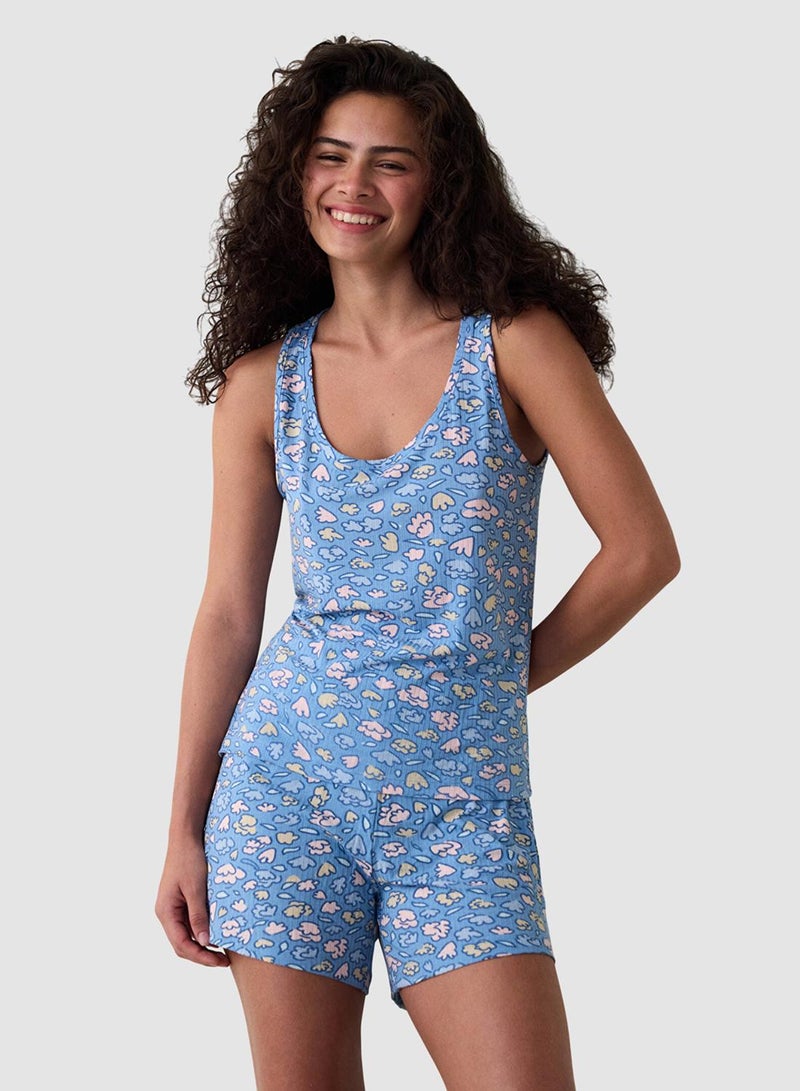 Penti Blue Pretty Flowers Sleeveless Shorts Pyjamas Set - Image 1