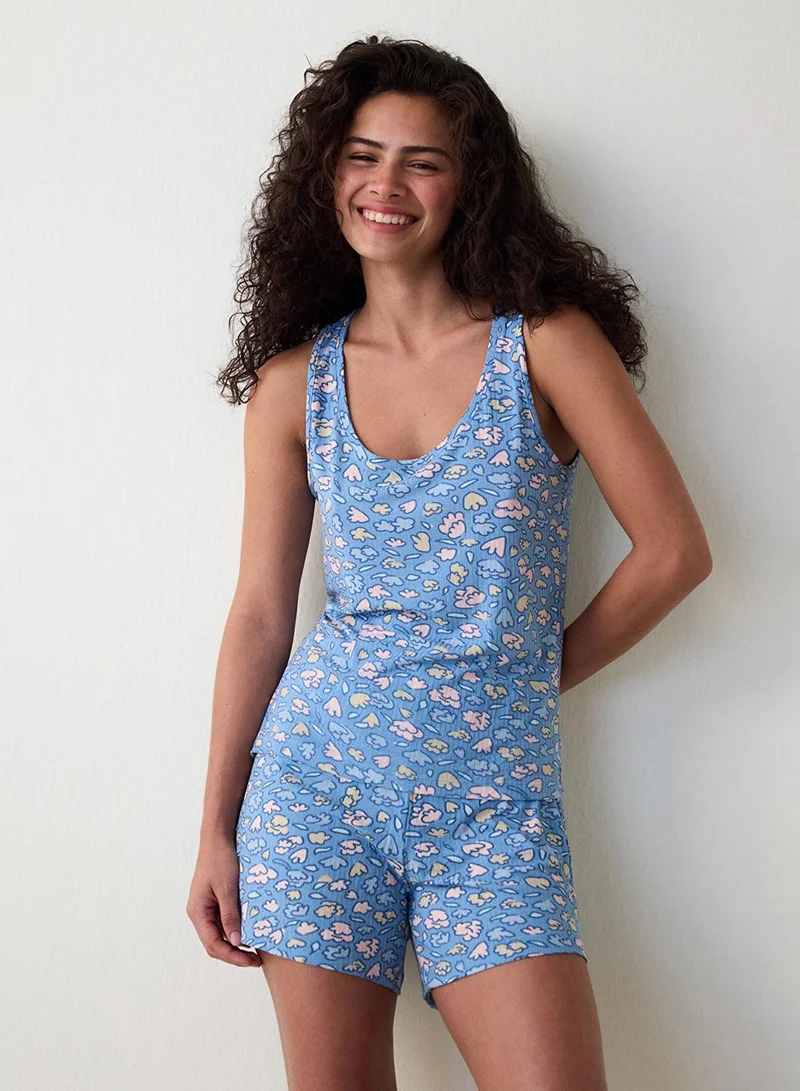 Penti Blue Pretty Flowers Sleeveless Shorts Pyjamas Set