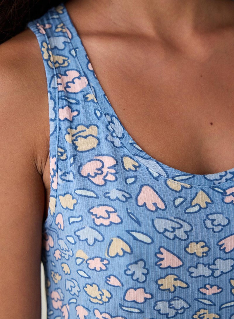 بنتي طقم بيجامة قصير بدون أكمام بنقشة زهور زرقاء جميلة - Image 2