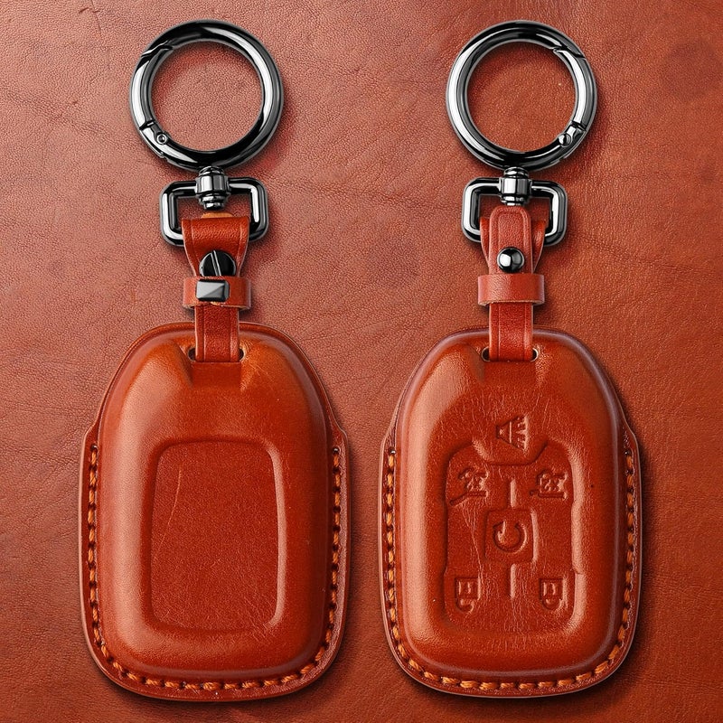 Tukellen Compatible with Chevrolet Leather Key Fob Cover with Keychain,fit 2015-2020 Tahoe Suburban GMC Yukon Smart Remote Key Shell, Genuine Leather for Chevy Key case(6 Buttons)-Brown - Image 3