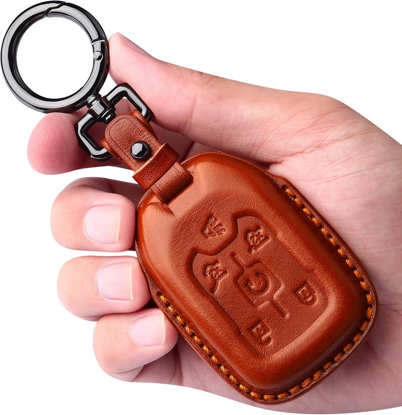 Tukellen Compatible with Chevrolet Leather Key Fob Cover with Keychain,fit 2015-2020 Tahoe Suburban GMC Yukon Smart Remote Key Shell, Genuine Leather for Chevy Key case(6 Buttons)-Brown - Image 1