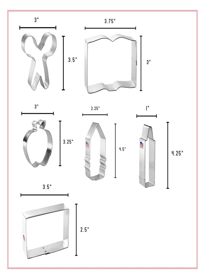 Foose Brand Back To School Teacher Appreciation Cookie Cutter 7 Pc Set -School Book, Ruler, Crayon, Scissors, Rectangle, apple, and pencil Cookie Cutters Hand Made in the USA from Tin Plated Steel - Image 2
