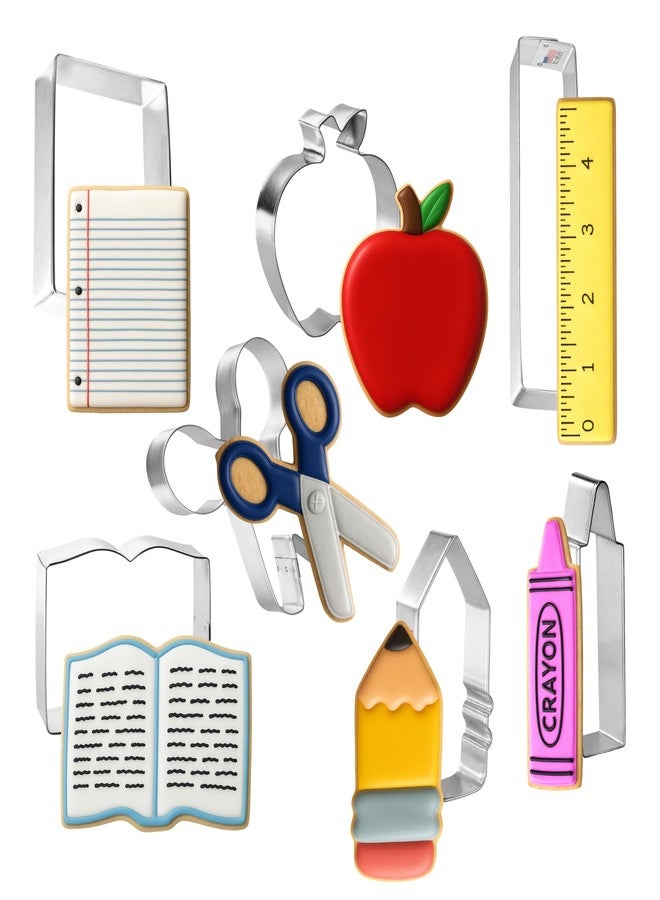 Foose Brand Back To School Teacher Appreciation Cookie Cutter 7 Pc Set -School Book, Ruler, Crayon, Scissors, Rectangle, apple, and pencil Cookie Cutters Hand Made in the USA from Tin Plated Steel - Image 1