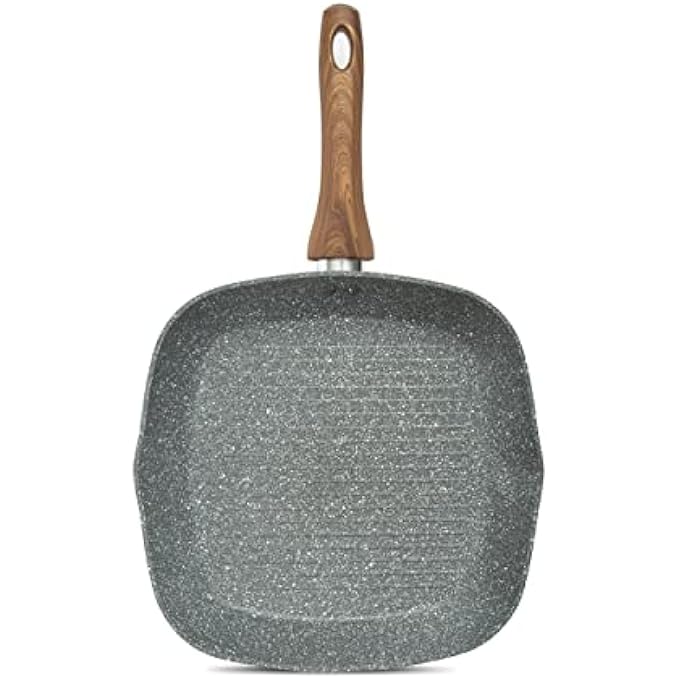 هومواي مقلاة شواء غير لاصقة من مجموعة ماربل، مقاس 24 سم، بسمك 3 مم، مكونة من 5 طبقات من الطلاء غير اللاصق، مصنوعة من مادة مطروقة، صديقة للحث الحراري، مقبض خشبي أنيق ناعم الملمس، لون رمادي Hw3528 - Image 1