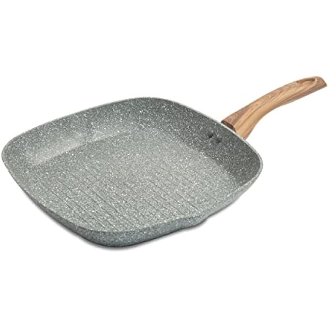 هومواي مقلاة شواء غير لاصقة من مجموعة ماربل، مقاس 24 سم، بسمك 3 مم، مكونة من 5 طبقات من الطلاء غير اللاصق، مصنوعة من مادة مطروقة، صديقة للحث الحراري، مقبض خشبي أنيق ناعم الملمس، لون رمادي Hw3528 - Image 2