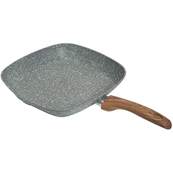 هومواي مقلاة شواء غير لاصقة من مجموعة ماربل، مقاس 24 سم، بسمك 3 مم، مكونة من 5 طبقات من الطلاء غير اللاصق، مصنوعة من مادة مطروقة، صديقة للحث الحراري، مقبض خشبي أنيق ناعم الملمس، لون رمادي Hw3528 - Image 3