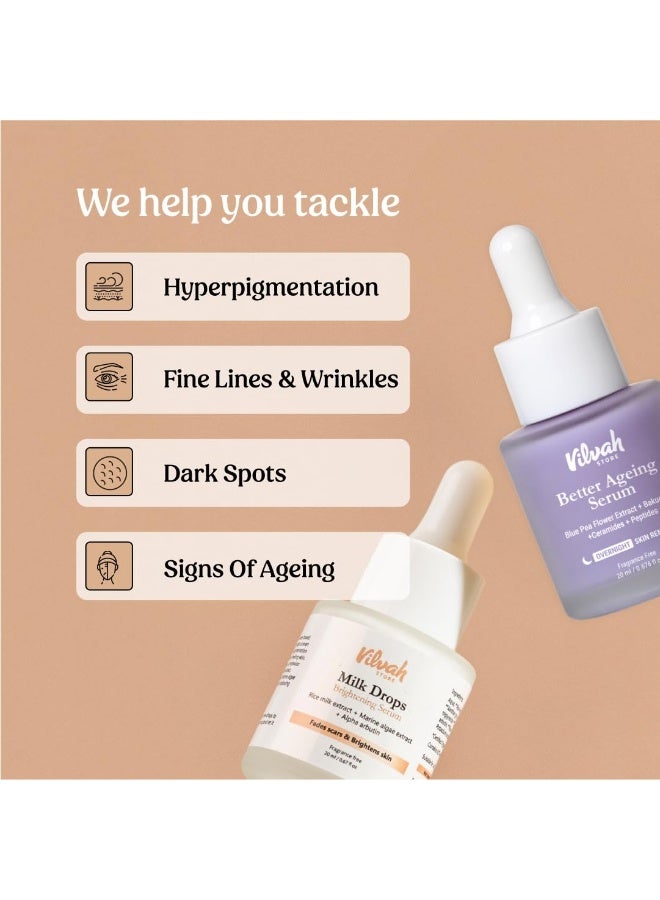 Vilvah Store AM PM Face Serum Combo | Milk Drops Serum and Better Ageing Serum | Skin Brightening, Even Skin Tone, Anti-Ageing, Wrinkle Repair | Rice Milk Extract and Blue Pea Flower | 20ml + 20ml - Image 2
