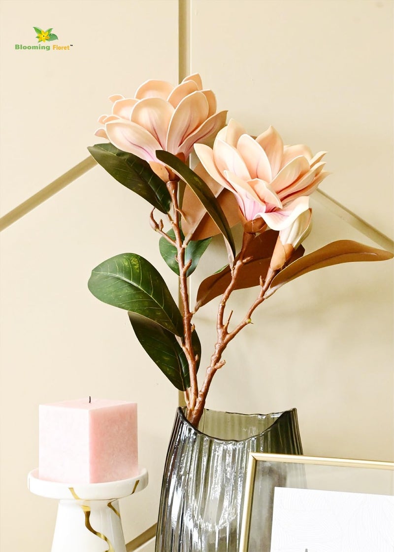 Blooming Floret Realistic Artificial Magnolia Flower Stems – Decorative Faux Flowers with Lifelike Petals and Green Leaves for Home Decor, Wedding Arrangements, and Centerpieces (Peach) - Image 4