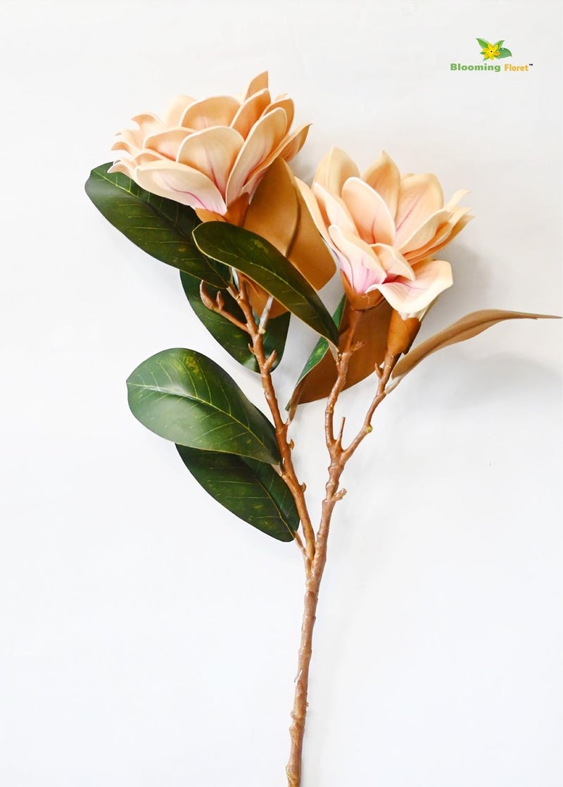 Blooming Floret Realistic Artificial Magnolia Flower Stems – Decorative Faux Flowers with Lifelike Petals and Green Leaves for Home Decor, Wedding Arrangements, and Centerpieces (Peach) - Image 3
