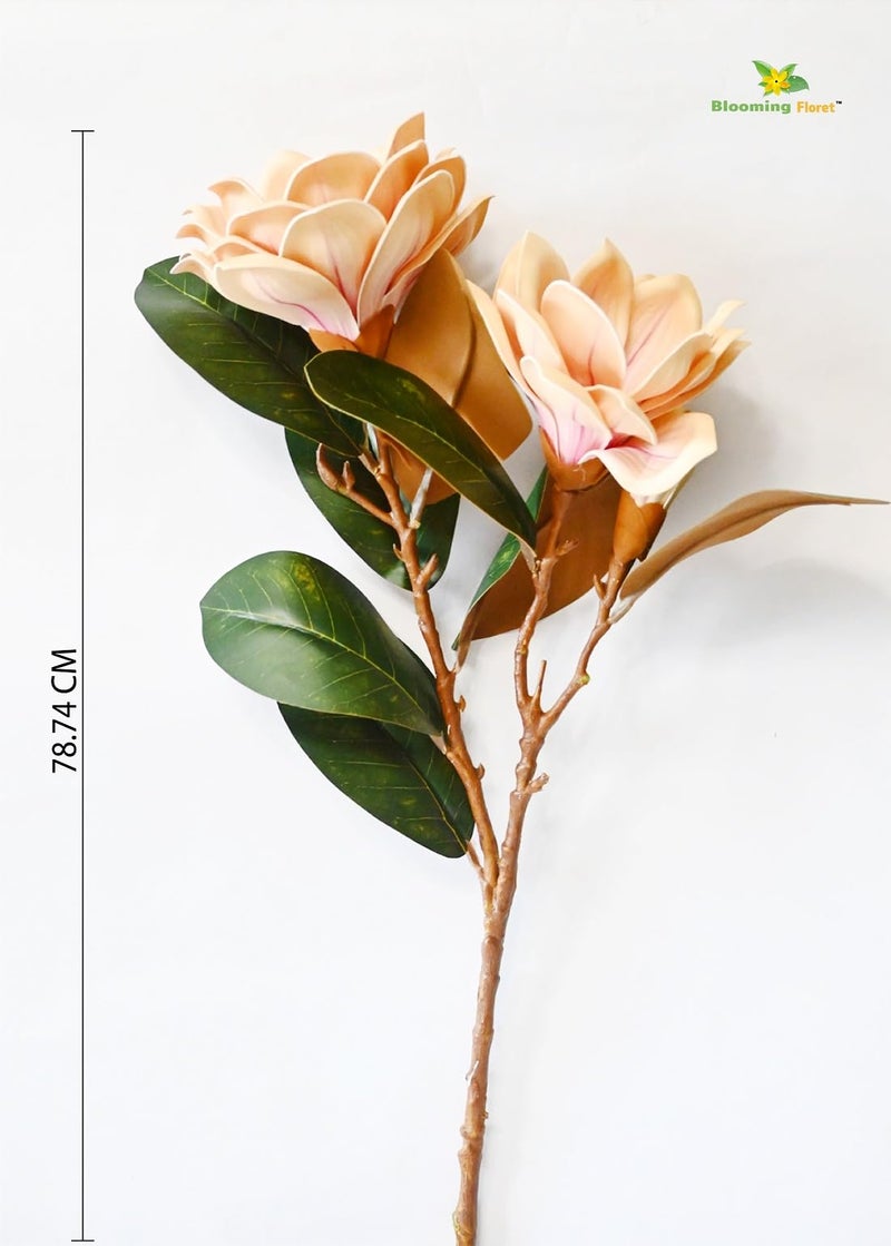 Blooming Floret Realistic Artificial Magnolia Flower Stems – Decorative Faux Flowers with Lifelike Petals and Green Leaves for Home Decor, Wedding Arrangements, and Centerpieces (Peach) - Image 2