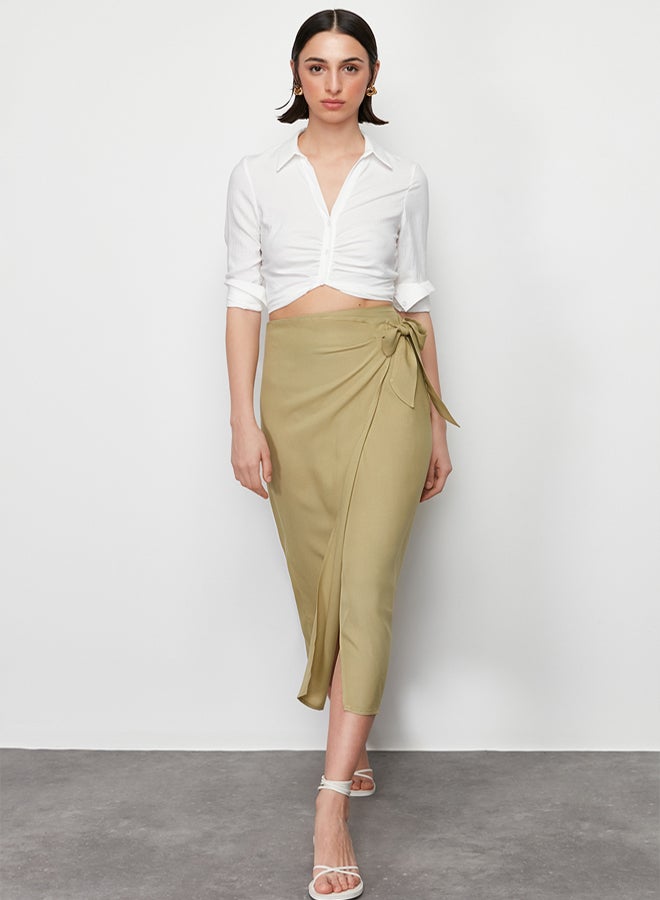 trendyol khaki Tied Double Breasted Closure Maxi Length Woven Skirt with Viscose Fabric TWOSS24ET00006 - Image 1